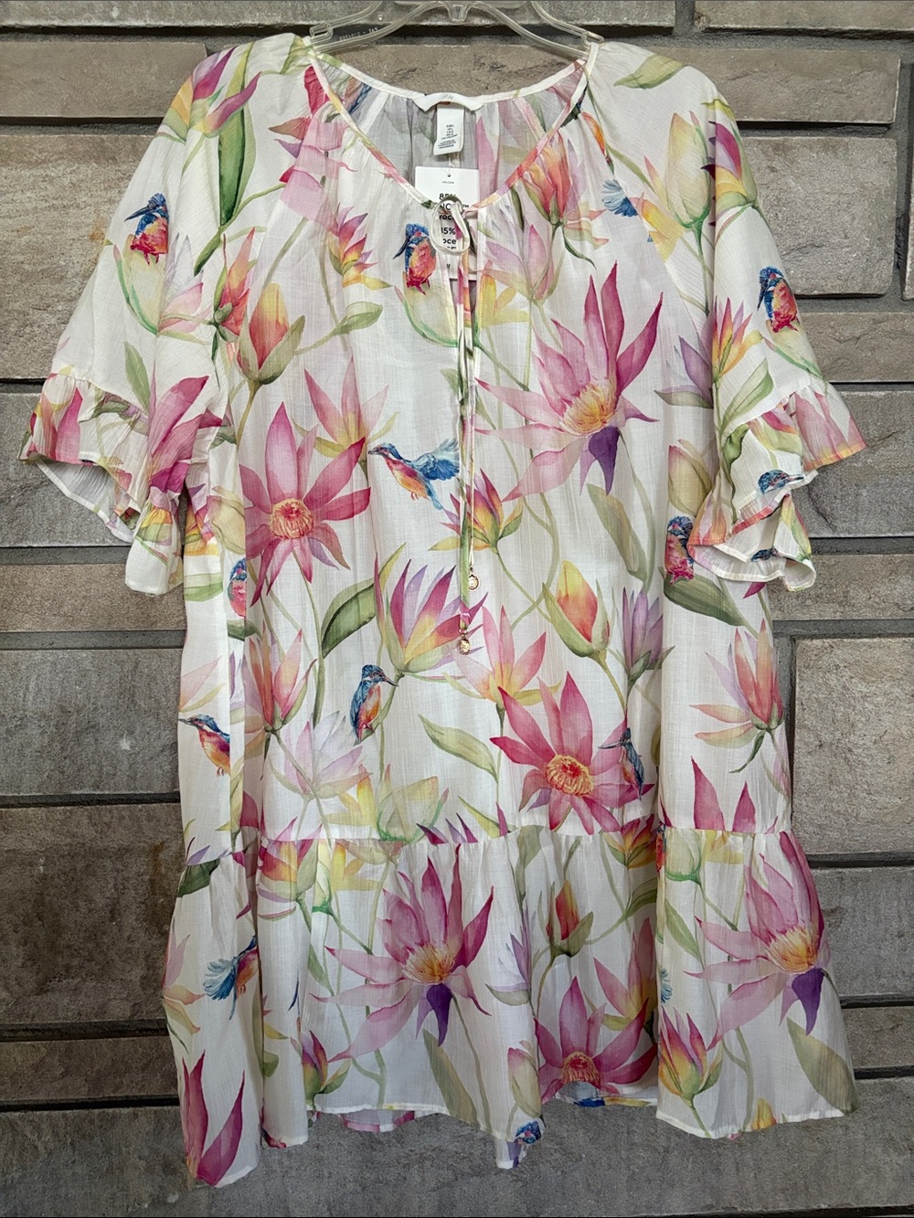 H&M White Dress with Pink & Green Watercolor Floral Print